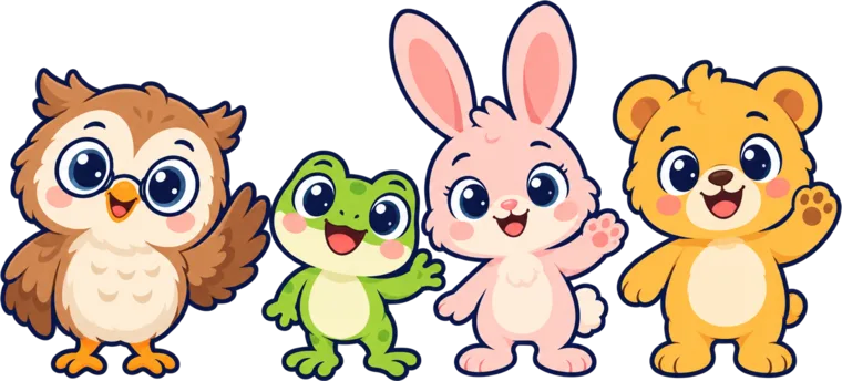 Olli the owl, Hop the frog, Bea the bunny and Bo the bear waving together